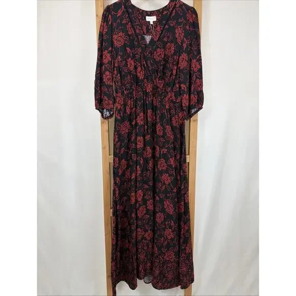 NWT Apricot Black Red Floral Pattern Maxi Long Dress #1387 Size XL - Picture 1 of 6